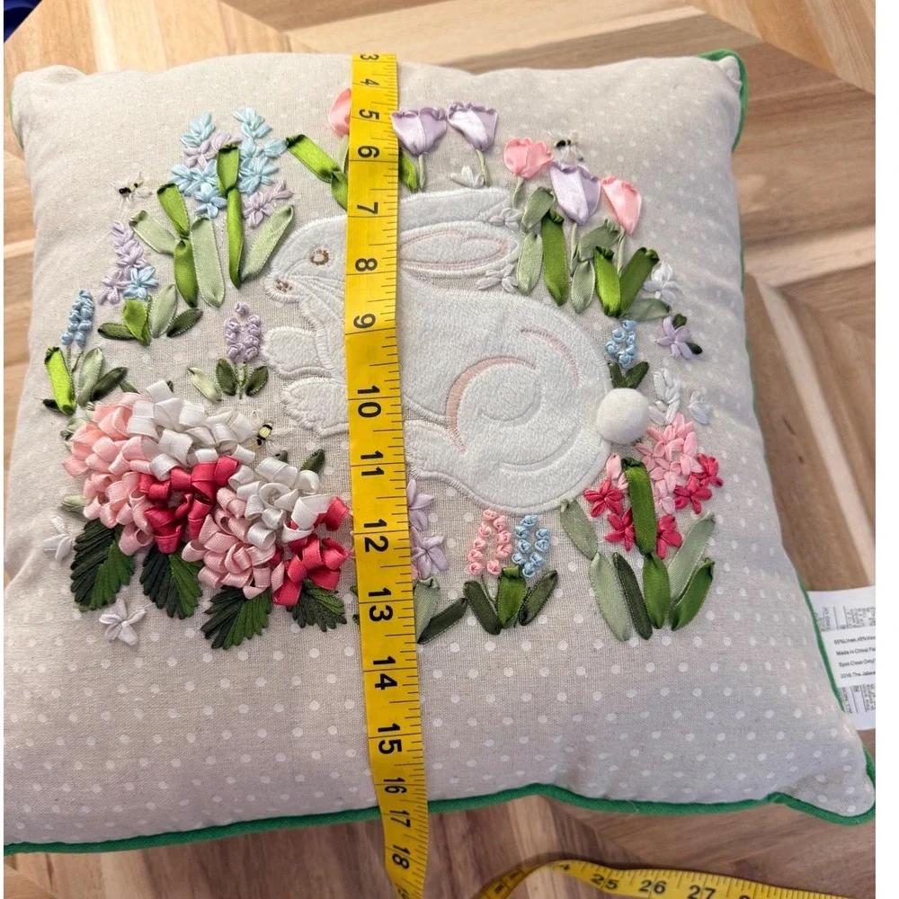 Easter Bunny Floral Ribbon‎ Embroidery Accent Pillow Spring Easter Cottagecore
